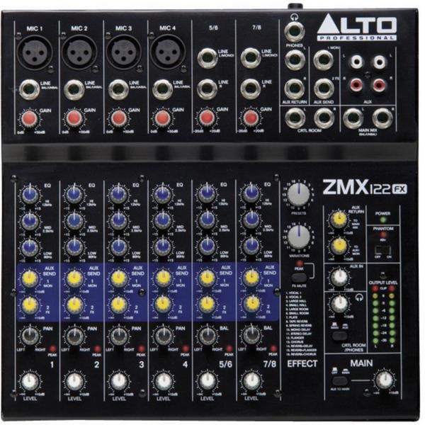 ALTO ZMX122FX микшерный пульт, 4 моновхода, 2 стереовхода, 2 AUX-шины, процессор эффектов Alesis